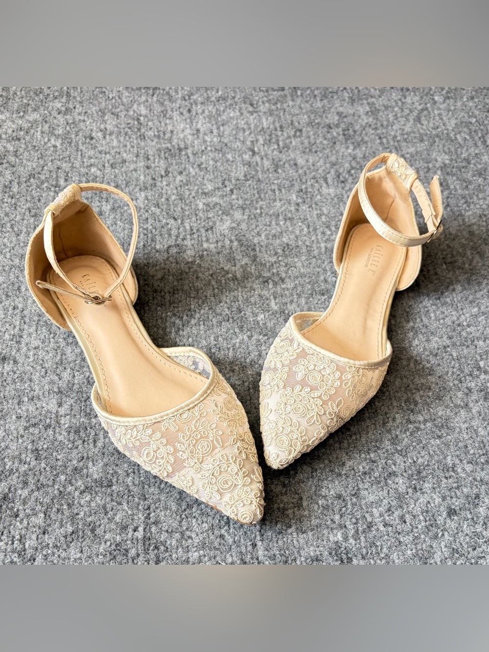 Embroidered Ankle-Strap Pointed Flats in Beige - Picture 13 of 14